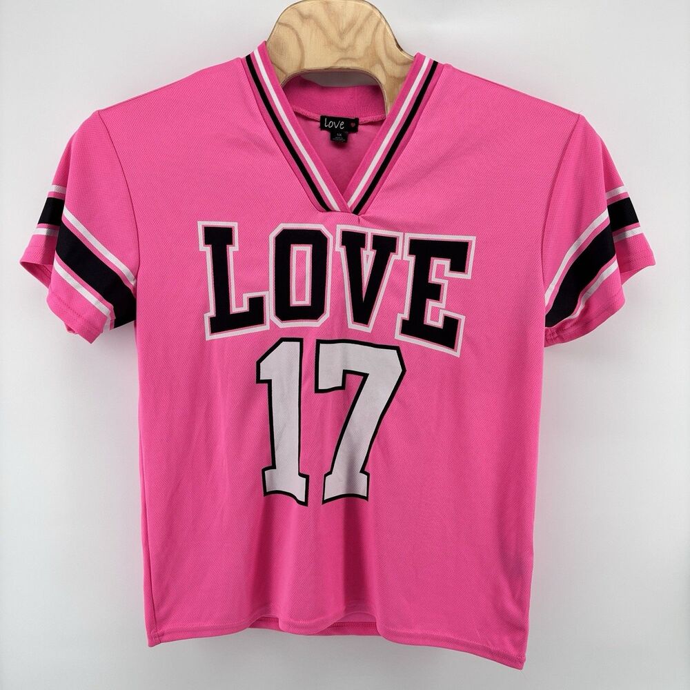Women's 1X Love 17 Pink Black White Football Jersey V Neck 100% Polyester